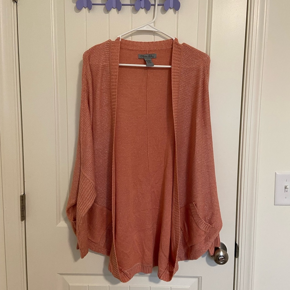 NWOT Olivia Sky women’s‎ peach metallic 3/4 sleeve open cardigan sweater large
